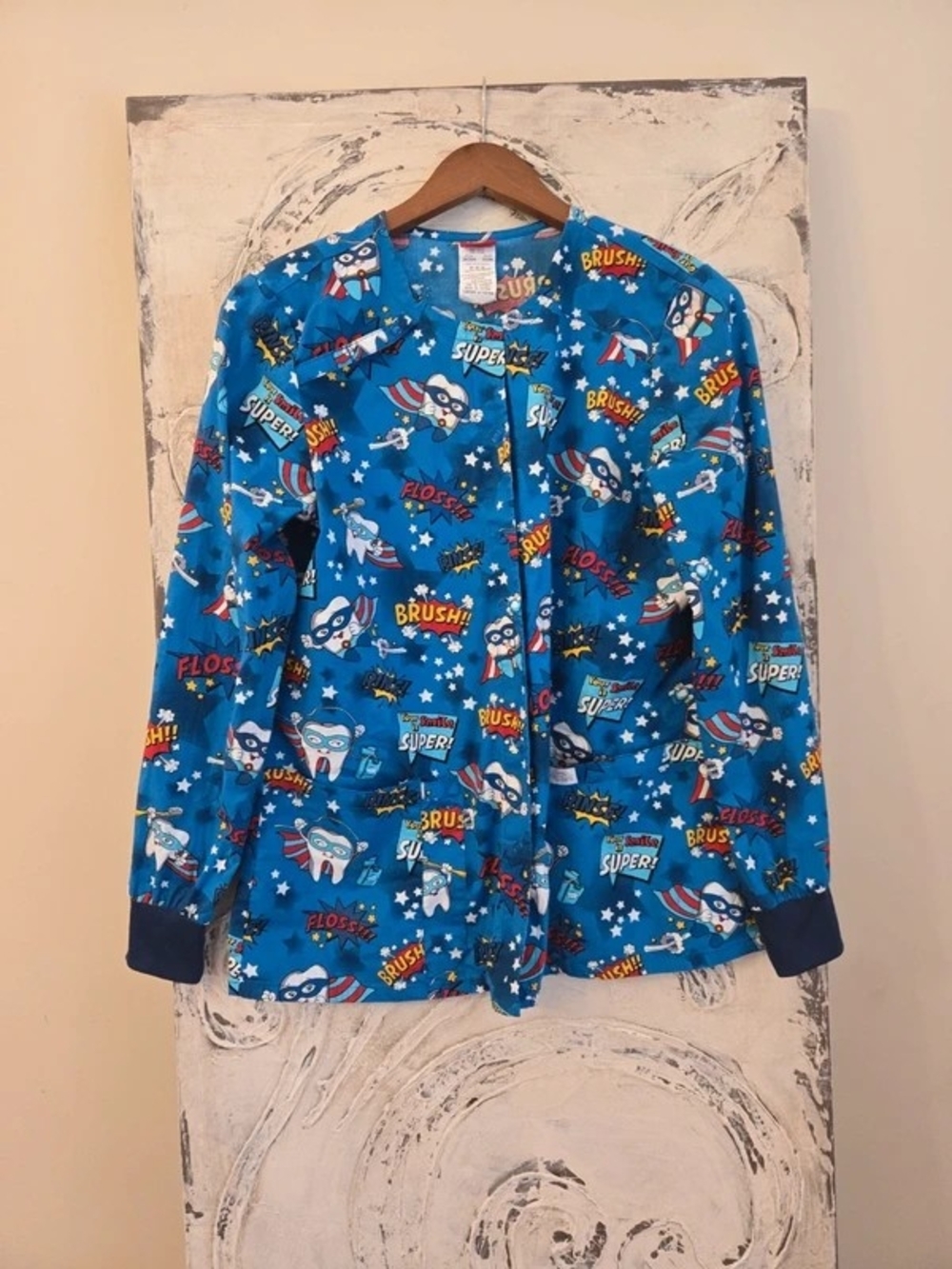 Dickies Dental Scrub Jacket Bright Blue Superhero Print